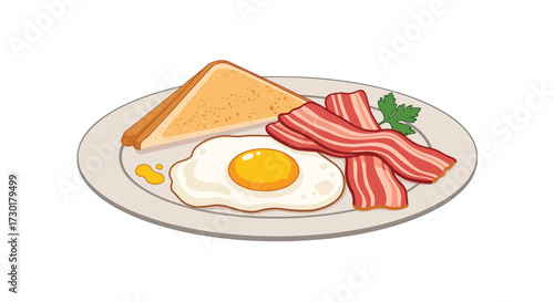A delicious breakfast plate with fried egg bacon and toast.