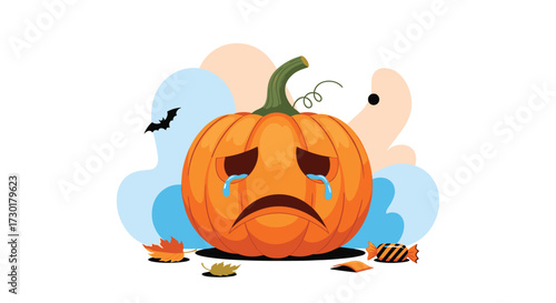 A sad pumpkin character with tears crying during the Halloween season surrounded by falling leaves and candy.