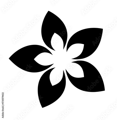 Abstract black flower shape, geometric floral design, modern minimalist logo element with five petals