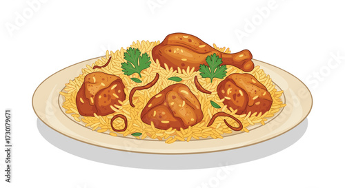 A delicious plate of flavorful biryani served with succulent chicken pieces and garnished with fresh herbs.