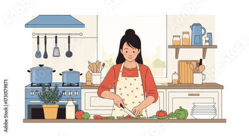 A happy woman is preparing food in a bright and modern kitchen with fresh ingredients on the counter.