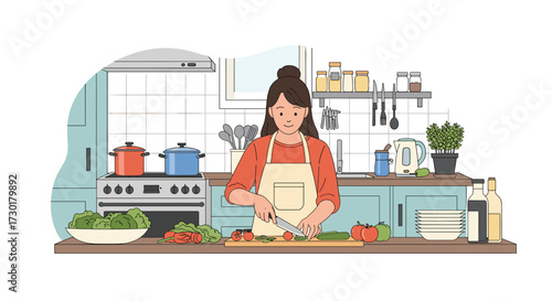 A woman is happily chopping fresh vegetables on a wooden cutting board in a well-equipped kitchen.