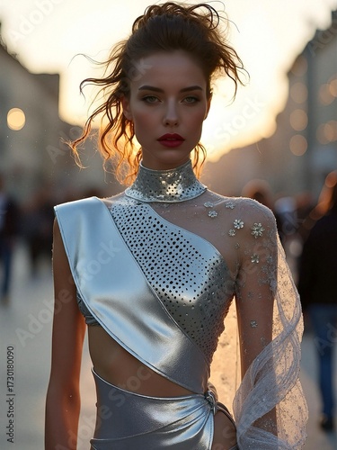 Stunning woman in a futuristic silver metallic gown with sheer details and a high collar. High-fashion street style portrait at sunset in a European city