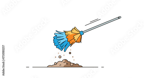 A duster is shown in action cleaning a pile of dust and debris from a surface.