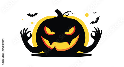 A spooky carved pumpkin with a wicked grin and glowing eyes appears menacingly on a dark night.