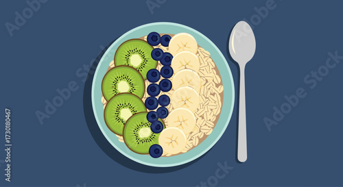 A healthy and delicious bowl of oatmeal topped with fresh kiwi slices blueberries and ripe banana slices.