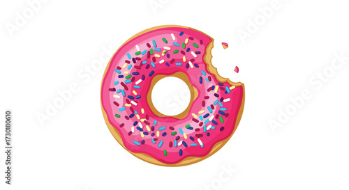 A delicious pink frosted donut with colorful sprinkles a bite taken out reveals the sweet dough inside.