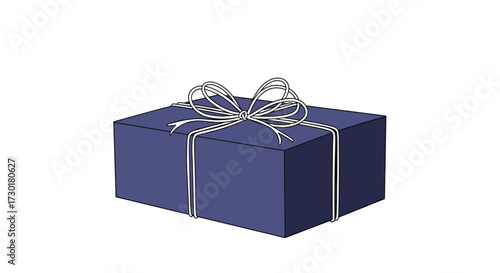 A dark blue gift box with a white ribbon tied in a bow rests on a white background.