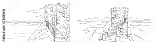 Ancient Stone Castle Tower on a Sea Cliff Continuous Line Art