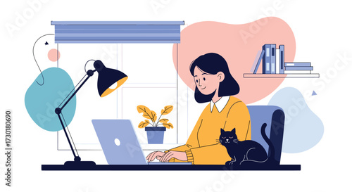 A woman working on her laptop with a cat by her side and a plant on the desk.