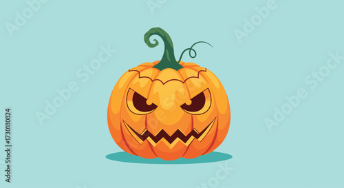 A scary jack o lantern carved with a menacing face and glowing eyes sits against a light blue background.