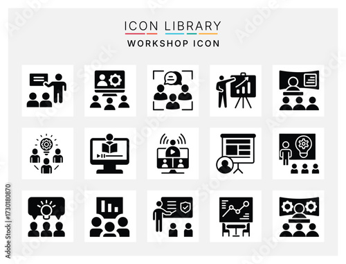 Flat workshop icon pack with professional training, teamwork, collaboration, brainstorming, and corporate learning illustrations