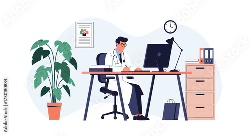 A doctor in a white coat sits at a desk working on a computer in a well-lit office.