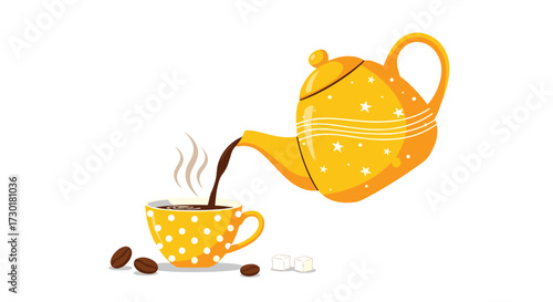 A bright yellow teapot pouring coffee into a matching cup with coffee beans and sugar on the side.