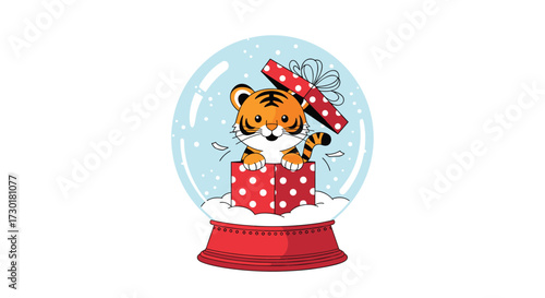 A cute tiger peeks out of a snow globe with a gift inside.