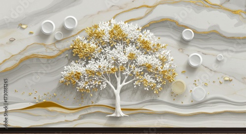 Golden blossom tree wallpaper on white marble with gold veins — luxurious 3D embossed mural with ruby red flowers