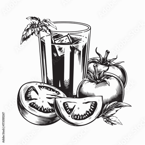 Healthy Tomato Juice in Clear Glass with Tomato Slice Vector on White Background