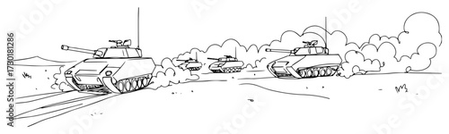 Continuous Line Art of Military Tanks in a War Battle Scene