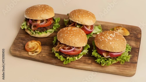 Juicy and delicious burger served on a rustic wooden kitchen board, layered with fresh ingredients, melted cheese, and savory flavors, creating an appetizing and mouthwatering meal perfect	