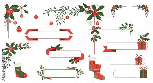 Collection of Christmas themed decorative elements and borders for holiday designs.