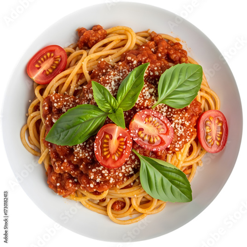 Delicious spaghetti bolognese with fresh basil and tomatoes isolated on transparent background