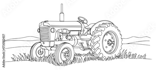 Vintage Farm Tractor in a Field Drawn with One Continuous Line