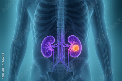 Medical illustration showing human kidney anatomy with highlighted tumor growth highlighting renal cancer and healthcare concept