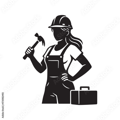 Handywoman Silhouette Logo. Female Construction Worker with Hard Hat, Hammer, and Toolbox. Vector Illustration for Repair Service.
