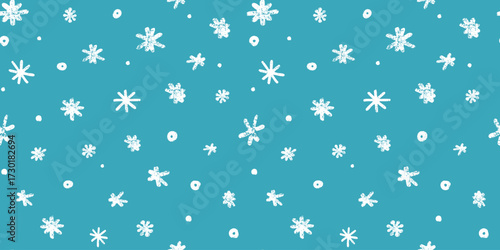 Seamless pattern with cute hand drawn snowflakes in doodle style. Blue winter wallpaper, charcoal texture, child drawings. Decoration, background for Christmas, New Year designs, greeting cards.