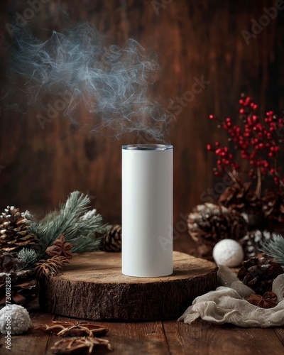 White Insulated Tumbler with Steam on Rustic Wooden Background