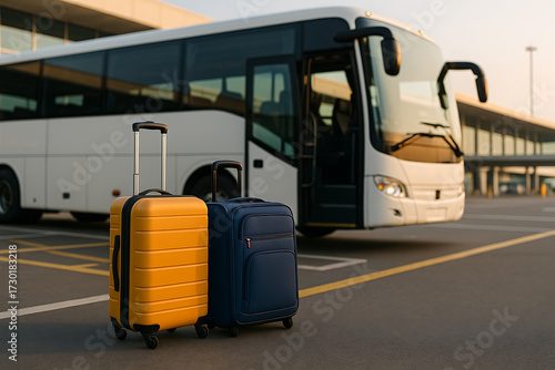 Two travel suitcases standing near modern passenger bus at transportation terminal showing vacation luggage and trip preparation