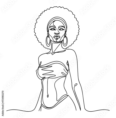 Portrait of a Beautiful African Woman with Afro Hair One Line Art