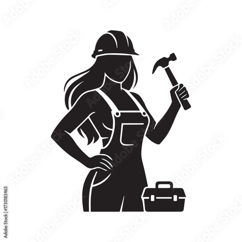 Handywoman Silhouette Logo. Female Construction Worker with Hard Hat, Hammer, and Toolbox. Vector Illustration for Repair Service.
