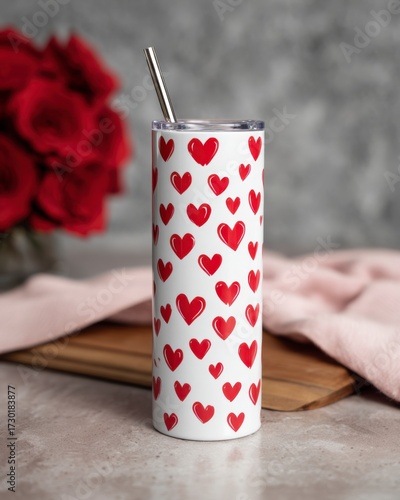 White tumbler with red heart patterns on a cozy kitchen table