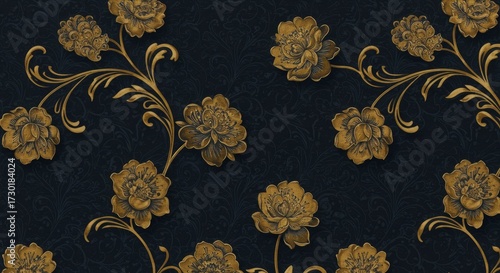 Gold floral wallpaper on a dark charcoal background — seamless ornamental mural with minimalist glamour.