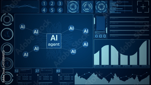 Futuristic AI Agent Interface with Data Visualization, Graphs and Network Connections in a High-Tech Dashboard Design. 3D rendering