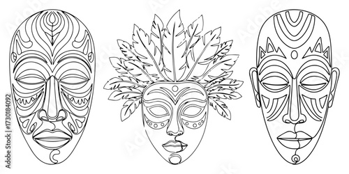 Set of Three African Tribal Masks in a Continuous One Line Style