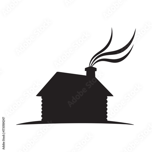 Silhouette of a cozy log cabin with smoke coming out of the chimney isolated on white background, evoking warmth, home, and a rustic lifestyle in a simple design