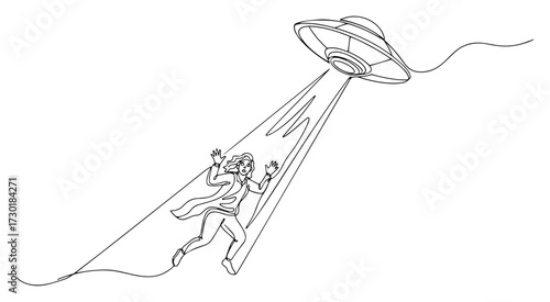 Woman Abducted by UFO Beam Drawn in a Single Continuous Line