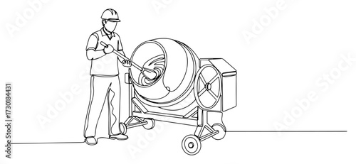 Construction Worker with a Concrete Mixer in a Single Line Drawing