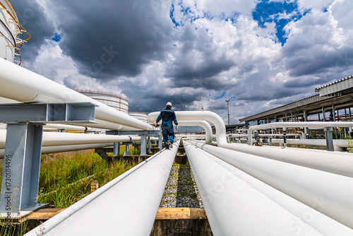 Male worker inspection at steel long pipes and pipe elbow in station oil factory during refinery valve of visual check record pipeline