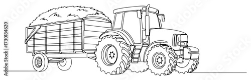 Farm Tractor with a Hay Trailer in Continuous Line Drawing
