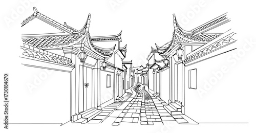 Continuous One Line Drawing of a Traditional Asian Street