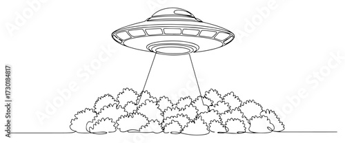 UFO Hovering Over a Forest in a Continuous Line Art Style