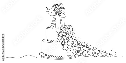 Single Continuous Line Drawing of a Wedding Cake with Bride and Groom Topper
