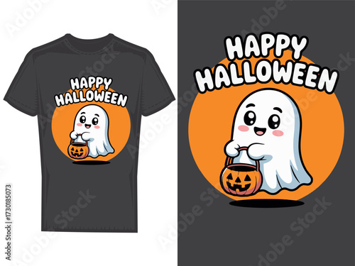 Cute ghost holding pumpkin candy bucket, kawaii Halloween t-shirt