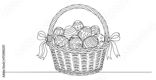 Continuous One Line Drawing of an Easter Basket Full of Decorated Eggs