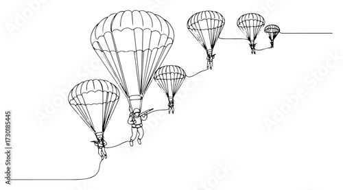 Paratroopers Descending with Parachutes Continuous Line Drawing