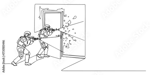 Special Forces Soldiers Breaching a Door with Rifles One Line Art