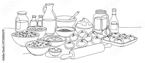 Kitchen Table with Cooking Ingredients for a Homemade Meal One Line Art